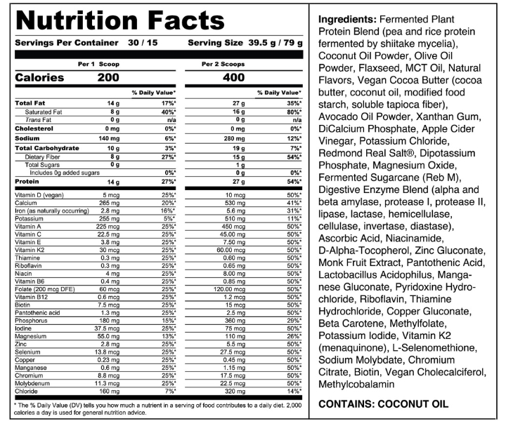Plant Based - Vanilla Nutritional Facts