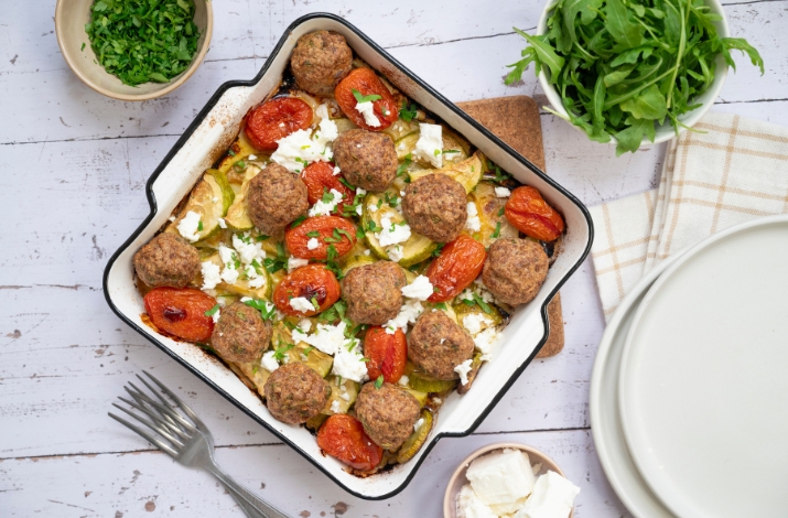 Feta Baked Meatballs with Zucchini and Cherry Tomatoes