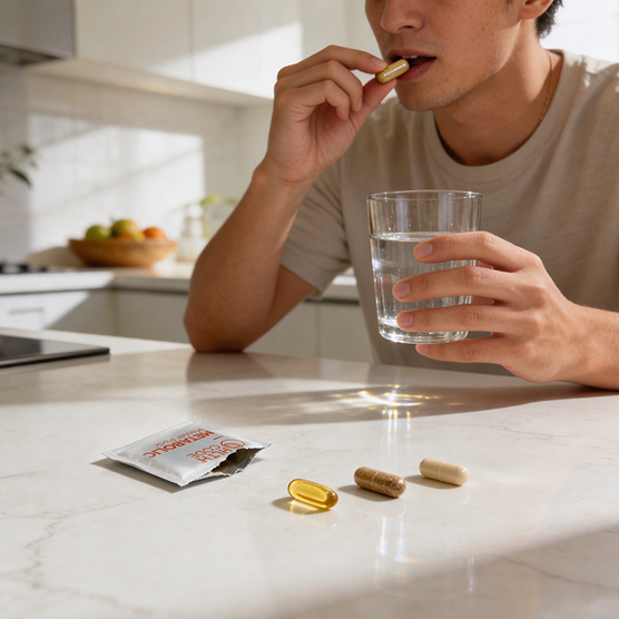 Man taking Metabolic Master Pack capsules with water as part of a daily metabolic support routine