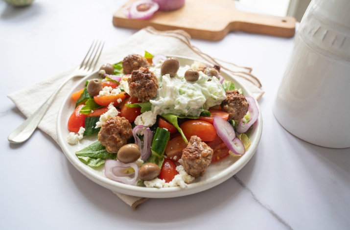 Greek Salad with Meatballs and Tzatziki